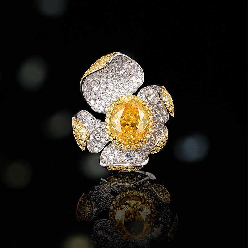 SJ Joias e Acessórios, Casamento, Festa, Joias Luxuosas, Anel de Flor, Citrino Cultivado em Laboratório, Moissanita, Elegante, Joias Finas, Alto Brilho, Ultra Brilhante_voghion.com