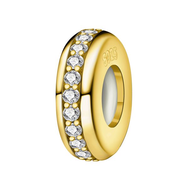 Gem-Set Plug Spacer-Electro Gold Charm, Genuine Sterling Silver Beads Charm_voghion.com