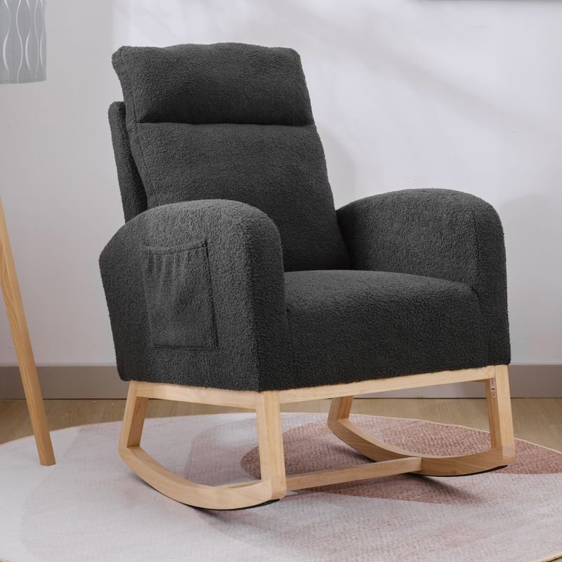 Modern Accent Rocking Chair, Upholstered Glider Rocker, With Side Pocket, Living Room Lounge Chair With High Backrest (Black,teddy)_voghion.com
