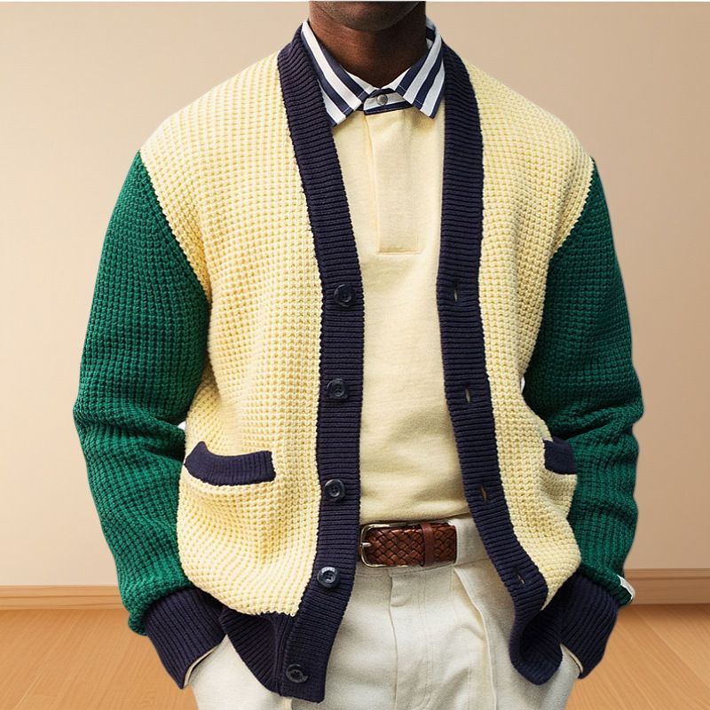 Autumn And Winter Style Dark Green Men's Knitted Sweater, Color-Block Cardigan, Chunky Knit Jacket Sy0193_voghion.com