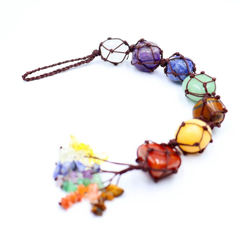 Handwoven 7-Color Crystal Gemstone Tree Of Life Car Hanging Ornament, Dreamcatcher Pendant, Boho Home Decor, Natural Stone Beaded Charm​_voghion.com