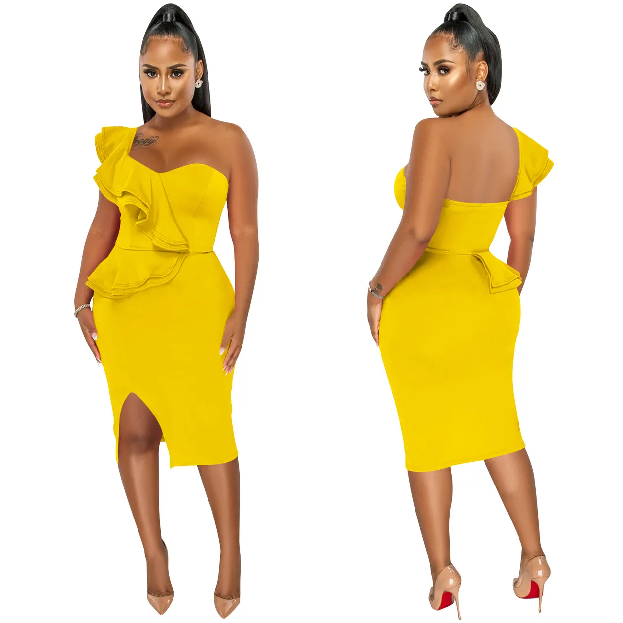 Women's Clothing fashion casual ruffled slit one shoulder sleeve dress women's clothing_voghion.com