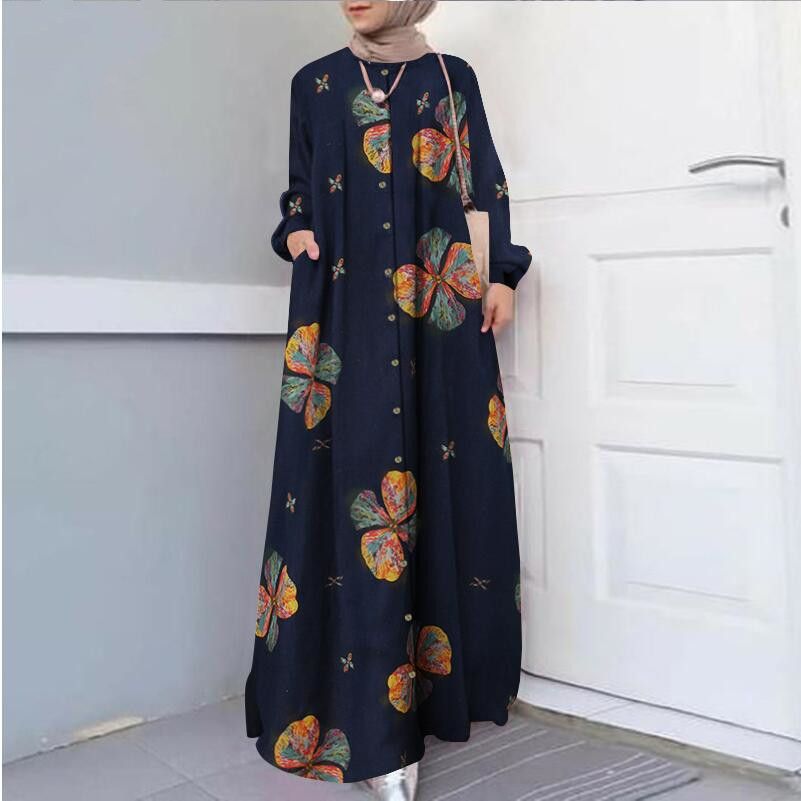 Damenbekleidung Elegantes Langarm-Maxikleid mit ethnischem Druck und Taschen – Locker sitzende Baumwolltunika für Damen, Boho-Chic-Muslim-Kleid, Übergröße_voghion.com