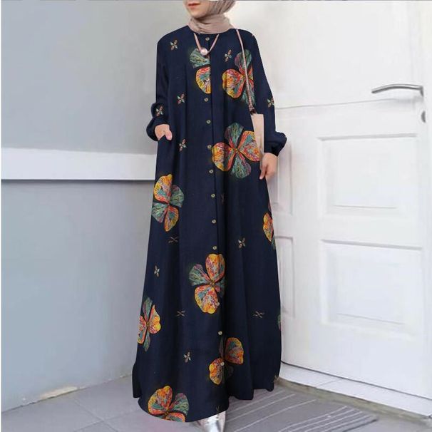 Damenbekleidung Elegantes Langarm-Maxikleid mit ethnischem Druck und Taschen – Locker sitzende Baumwolltunika für Damen, Boho-Chic-Muslim-Kleid, Übergröße_voghion.com