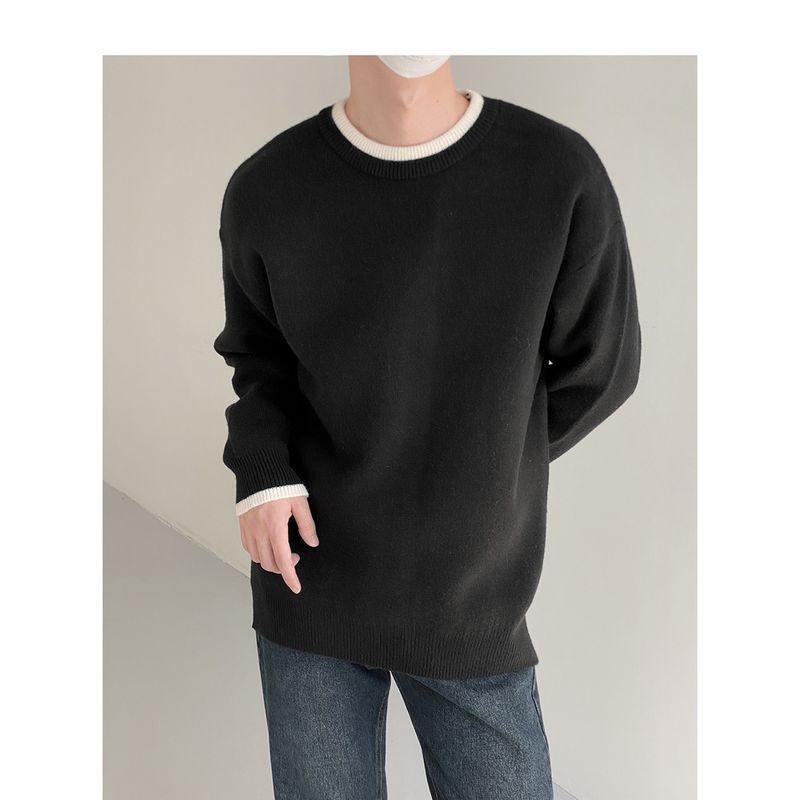 Härenkleeder Kraang Kontrastfaarf Pullover fir Männer Ronn Hals waarm Faarf locker Oberbekleedung Pullover_voghion.com