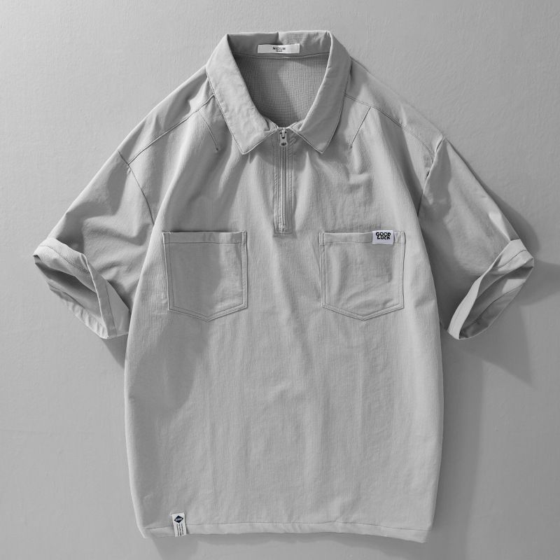 Retro Mountain Style Workwear Men's Short Sleeved Trendy Summer Quick Drying Breathable Shirt Collar With Half Zipper_voghion.com