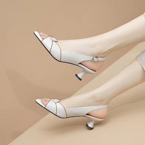 PLOVER valódi halszájszú szandál 2024 nyári új bőr puha talpú középső sarok sokoldalú_voghion.com