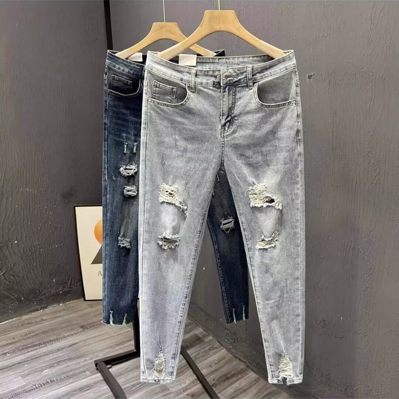 Men's Clothing Strictly selected summer thin ripped jeans men's slim fit skinny nine-point 2024 new trend retro washed pants_voghion.com