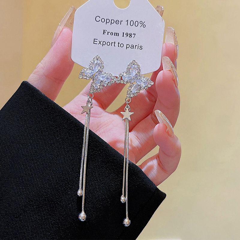 Orecchini a bottone con zirconi in argento e farfalla, di alta qualità, per donna, con nappe coreane_voghion.com