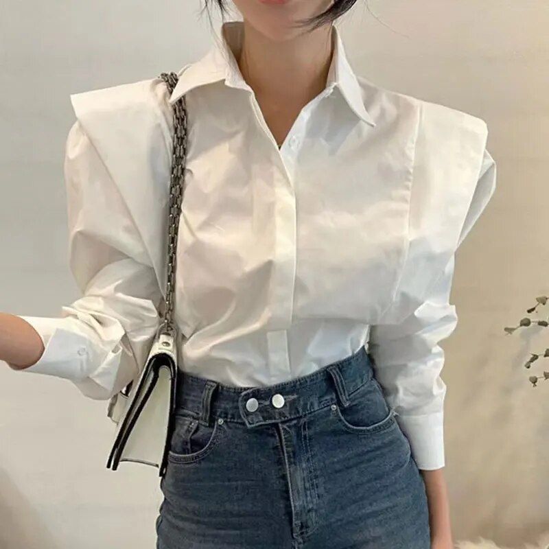 Rahat Uzun Kollu Eğlence Gömlek Üst kadın Katı Mizaç Kore Bahar Vintage Basit Polo Snap Kapatma Paneli Ruffles_voghion.com