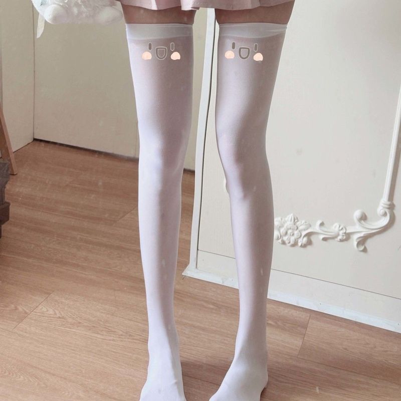 Cute Printed Adorable Girl Subculture Over-the-Knee JK Text Stockings Spring Summer Long Thin Black Silk_voghion.com