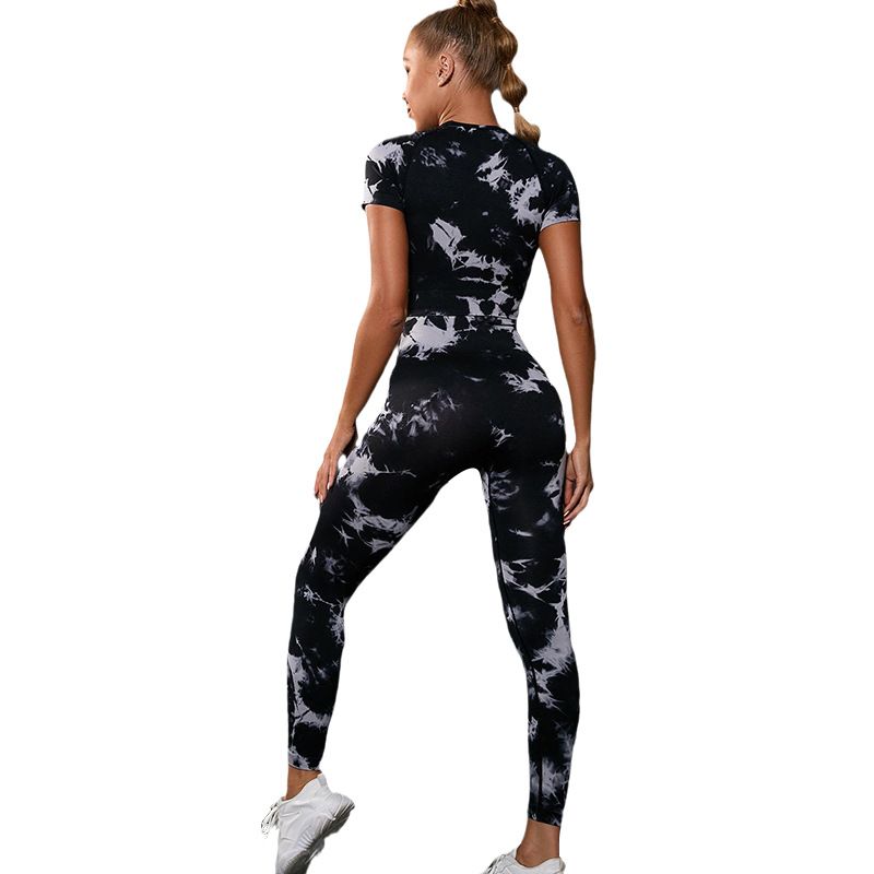 popular yoga clothing suits seamless tie-dye tight slimming fitness clothing running quick-drying sports short-sleeved_voghion.com