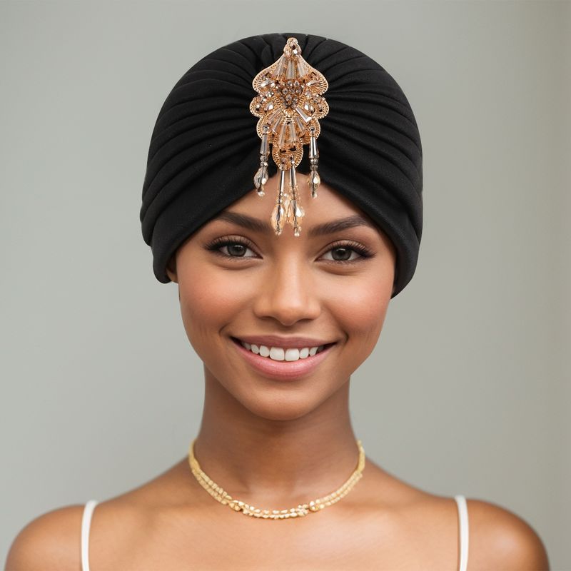 Spring New Forehead Tassel Pendant High End Retro Solid Color Fashion Temperament Turban Hat Ethnic_voghion.com