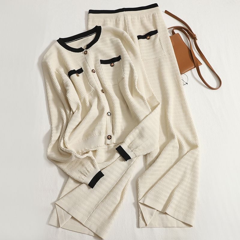 Leichter Luxus für Damen, faules Temperament, kleiner Duftanzug, hochwertige Strickjacke, zweiteiliges Set mit hoch taillierten Hosen mit weitem Bein_voghion.com