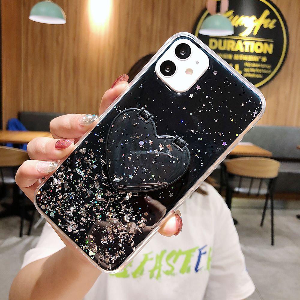 LOVECOM Herz Make-up Spiegel Pailletten Glitzer Handyhülle für iPhone 13 12 11 14 Pro Max XR X XS Max 7 8 Plus Weiche Epoxidharz-Abdeckung_voghion.com