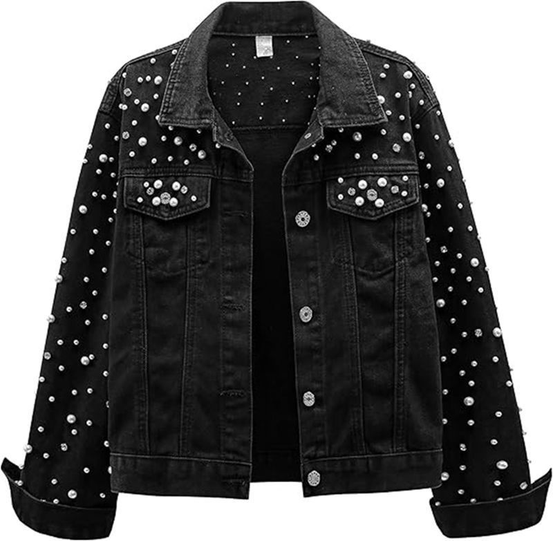 Men's Clothing Pearl Denim Jacket Short Rhinestone Denim Jacket Coat Top_voghion.com
