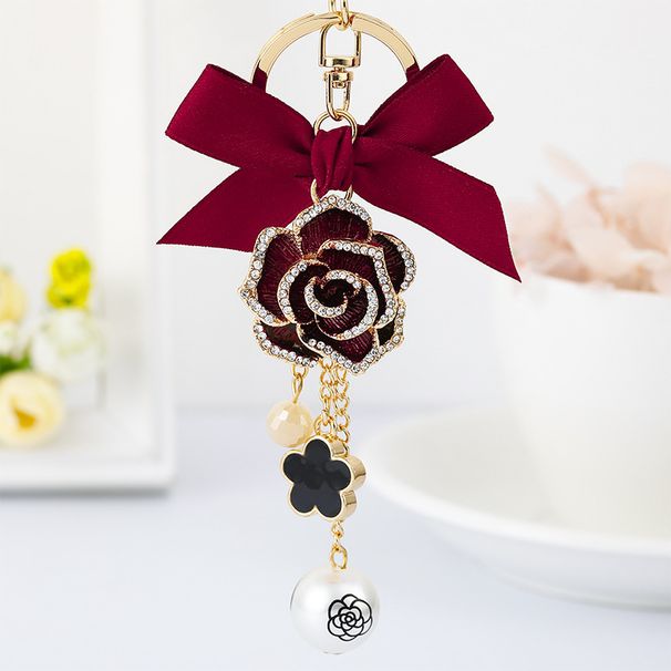 New Diyou Mountain Camellia mat Fënnef Leaf Grass Keychain Bow a Pearl Pendant Bag Kette_voghion.com