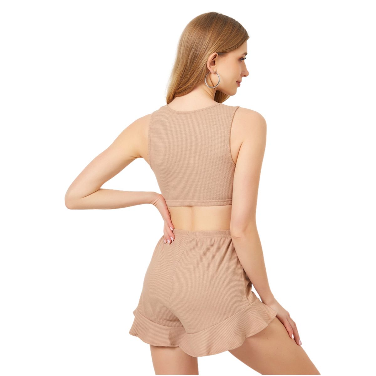 Φθινοπωρινό σέξι γιλέκο καμινάδας σε συνδυασμό με πλεκτό μονόχρωμο σορτς δύο τεμαχίων για γυναικεία ρούχα στο σπίτι_voghion.com