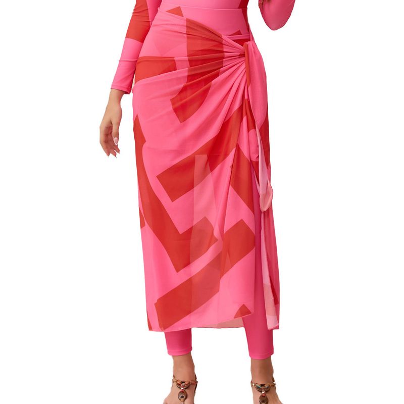 Women's Clothing Muslim Swimsuit Printed Long Sleeved Conservative Beach Swimsuit Chest Pad Swim Skirt Scarf_voghion.com