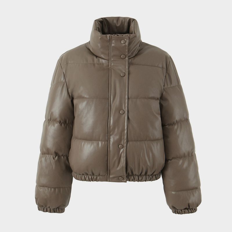 Nieuwe PU-leren katoenen jas in Europese en Amerikaanse stijl voor dames, opstaande kraag, korte warme broodjas, katoenen jas, motorfiets, cool girl casual_voghion.com