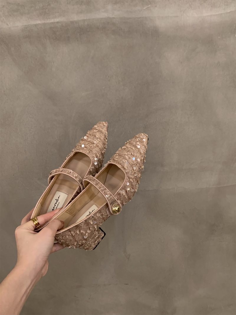 Elegant sequin single shoe women's Spring and Autumn 2024 new French high heels Mary Jane evening shoes_voghion.com