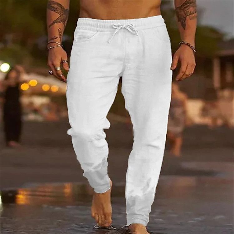 Prodotti Premium 2024 Nuovi pantaloni casual larghi da spiaggia in cotone e lino con coulisse in tinta unita da uomo per il tempo libero all'aperto_voghion.com