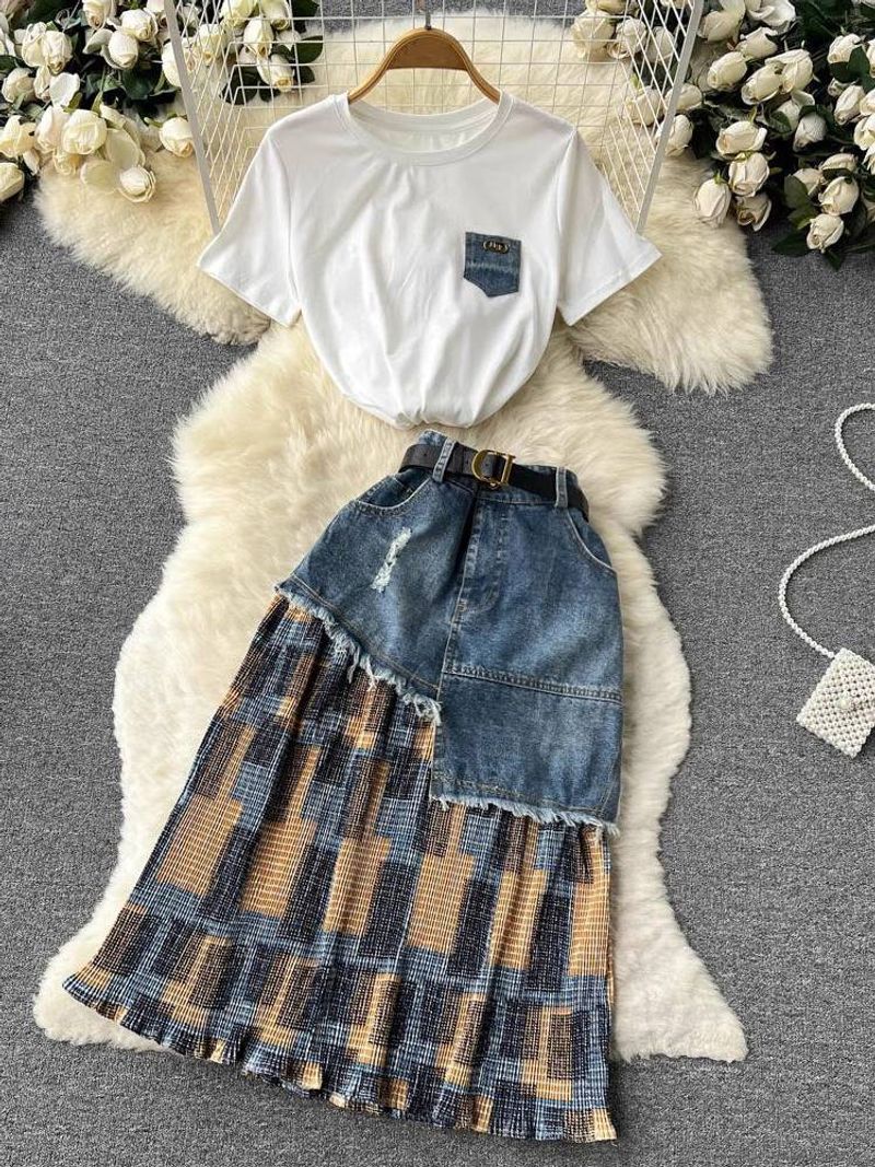 Women's Clothing Patchwork denim skirt fashion two sets summer white short-sleeved T-shirt women's top_voghion.com