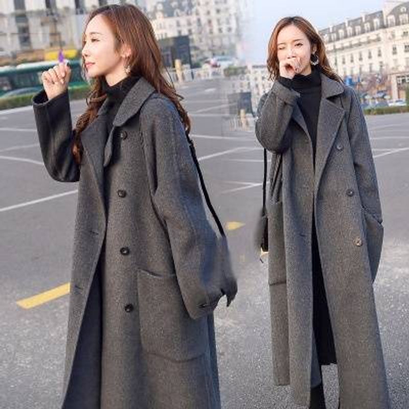 Women's Clothing woolen coat mid length autumn and winter new loose knee length gray thickened woolen coat_voghion.com