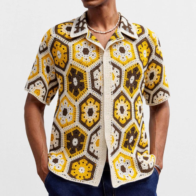 Herrenbekleidung National Style Heavy Crochet Sweater Sommer Kurzarm Poloshirt_voghion.com