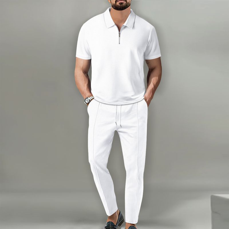 Herren Einfarbig Waffel Polo Kragen Kurzarm Reißverschluss Hosen Set Herbst sommer Neue sets_voghion.com