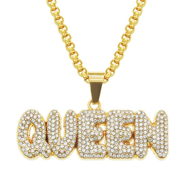 Men Women Hip Hop QUEEN Letter Pendant Necklace Cuban Chain Iced Out Bling HipHop Necklaces Fashion Jewelry_voghion.com