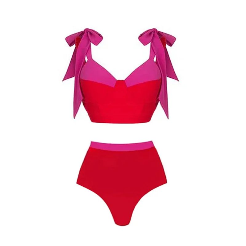 Women's One-Piece Swimsuit With Bow Tie - Color Block Design​_voghion.com
