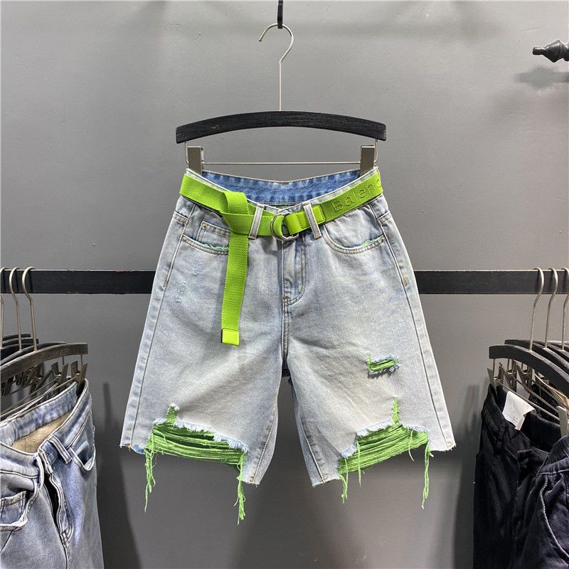 Suvised uued stiilsed värvilised rebitud teksad naistele, kõrge vöökohaga, salendav ja laiade jalgadega_voghion.com