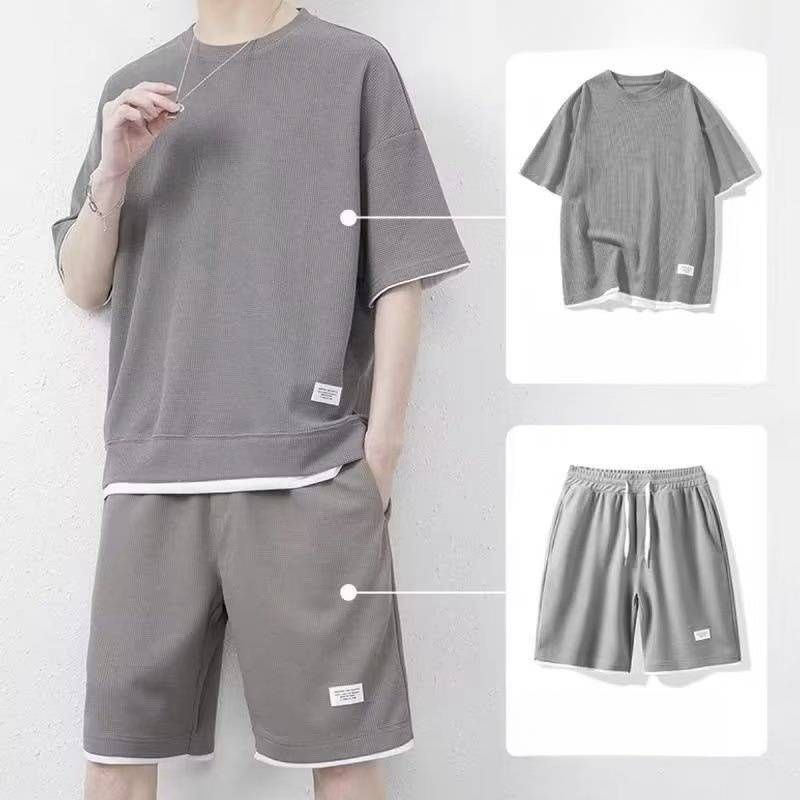 Men's Ice-Feeling Breathable Short-Sleeved Shorts Two-Piece Suits Tops And Pants Waffle Sports Suits _voghion.com
