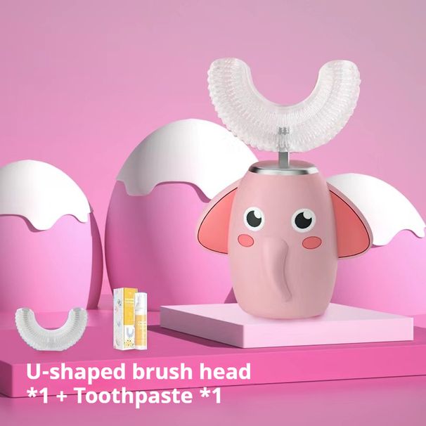 Brosse à dents électrique en U pour enfants – 3 modes, nettoyage à 360°, poils en silicone souple, silencieuse (36 dB), rechargeable, motif éléphant amusant (avec dentifrice)_voghion.com