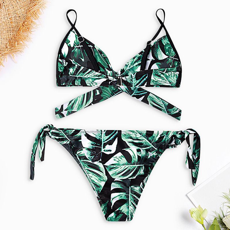 Maillot de bain fendu pour femmes, imprimé feuilles, bikini croisé, maillot de bain Bikini_voghion.com