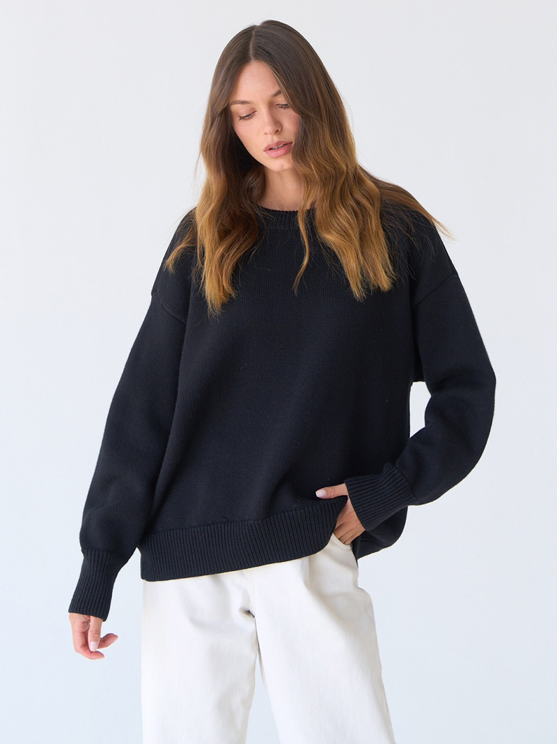 Solid color round neck sweater autumn and winter new temperament commuting versatile casual round neck knitted sweater_voghion.com