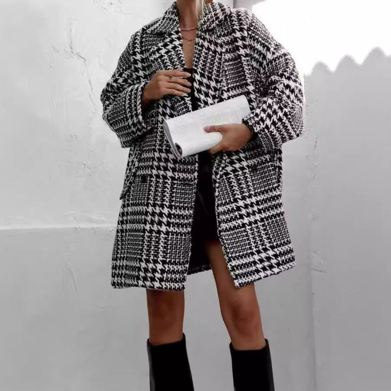 Abbigliamento da donna Nuovo cappotto scozzese con fodera larga e spessa Cappotto da donna in lana pied de poule_voghion.com