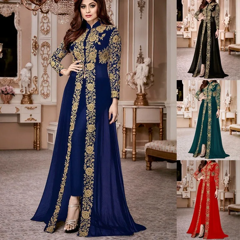 Vêtements pour femmes Mode Col montant Dentelle Mousseline de soie Robe Rétro Manches longues Dentelle Patchwork Taille Longue Jupe_voghion.com