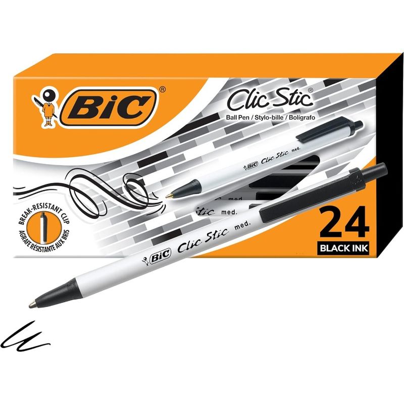 Clic Stic Black Retractable Ballpoint Pens Medium Point 1.0mm 24Count Pack Round Barrel Design For Comfortable Writing_voghion.com