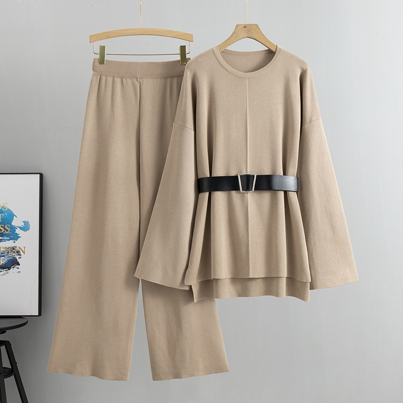 Set di maglioni con pantaloni a gamba larga in maglieria da donna, set di due pezzi con temperamento alla moda e sciolto_voghion.com