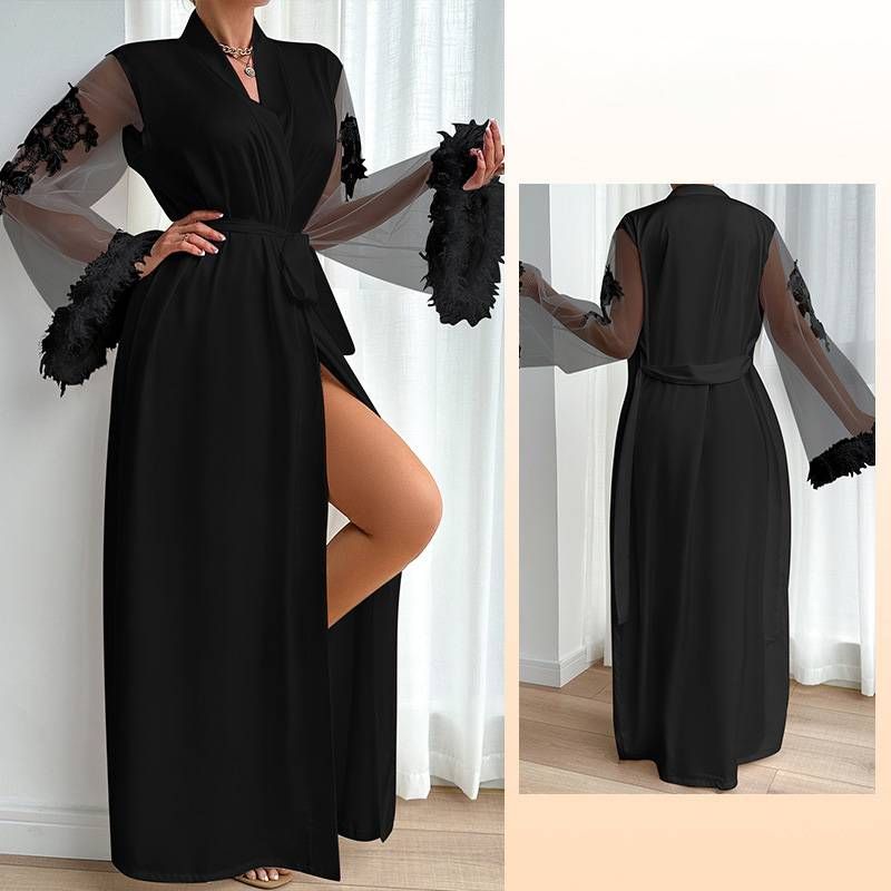Women's Sleepwears Satin Pajamas Women Lace Light Luxury Long Sleeved Cool Nightgown Bathrobe Home Clothes_voghion.com