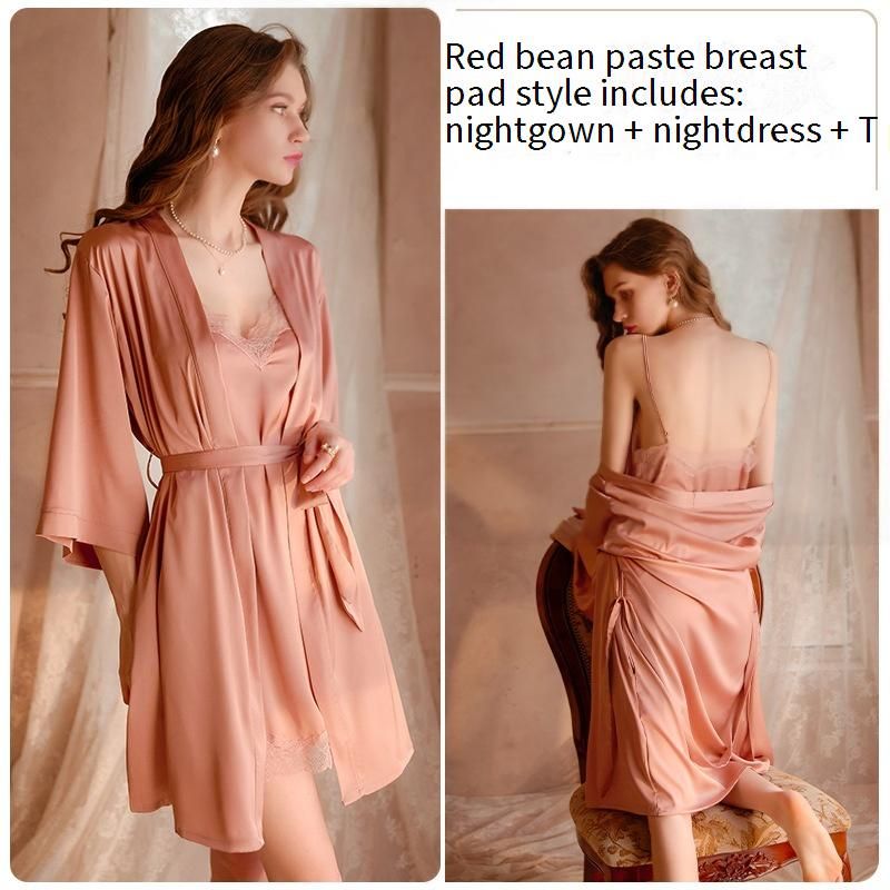 Women's Sleepwears Lace Temptation Spring And Autumn Suspenders Nightdress Bathrobe With Chest Pad Summer Ice Silk Suit_voghion.com