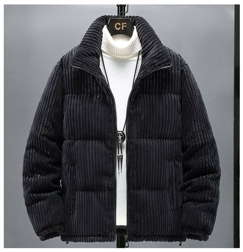 Men's Corduroy Puffer Jacket – Winter Loose Fit Thickened Stand Collar Coat, Retro Streetwear Style (M-5XL, Khaki/Black/Dark Grey)_voghion.com