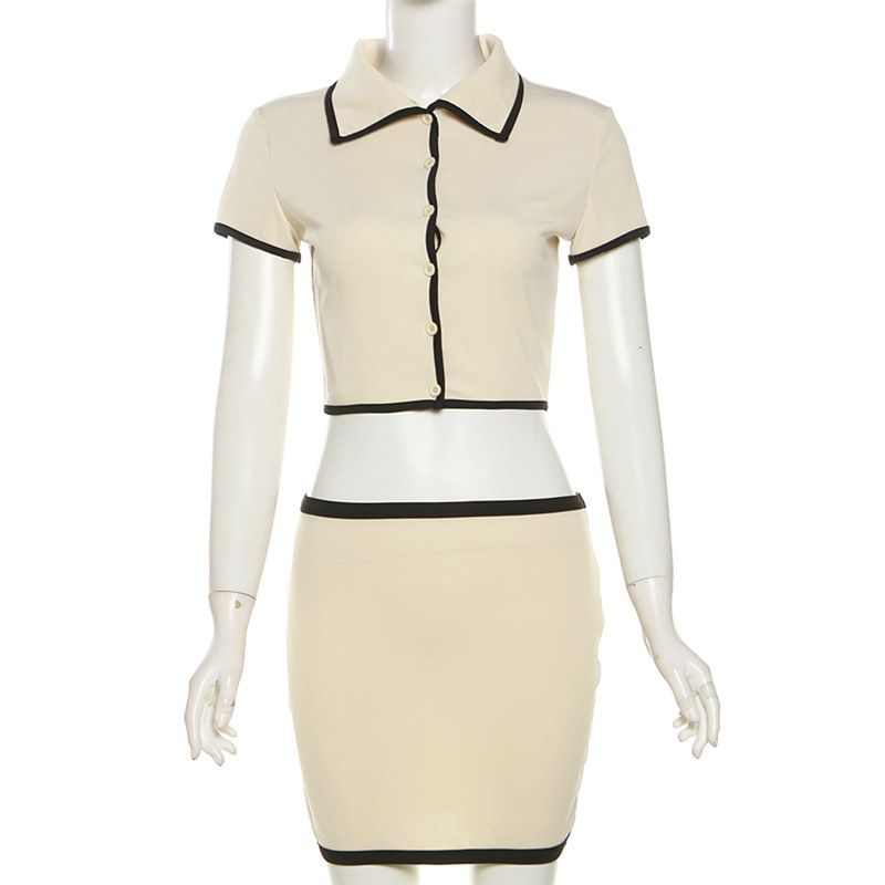 Damenbekleidung Frühling und Sommer Damen Neue Kurzarm Strickjacke Revers Sexy Hüftgewickelter kurzer Rockanzug_voghion.com