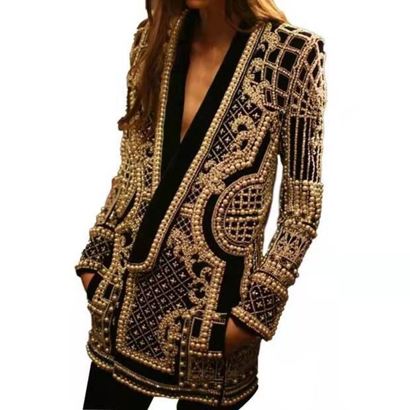 V-neck long-sleeved suit top bubble bead printed women's jacket gold silver_voghion.com