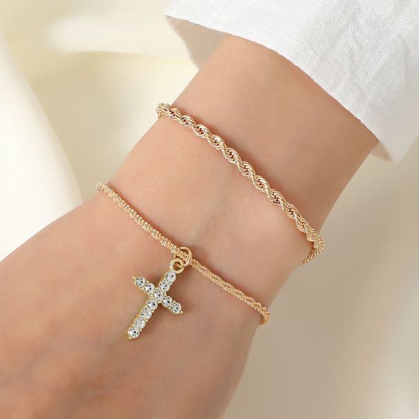 Gold-Plated Cross Bracelet INS Design Sense Niche Personality Micro-Inlaid Rhinestone Hand Foot Jewelry_voghion.com