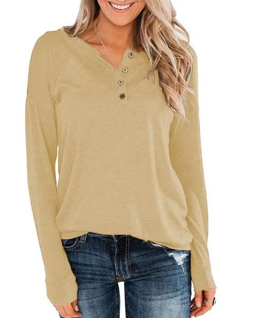 Women's solid color knitted long sleeve round neck pull-over button top T-shirt_voghion.com