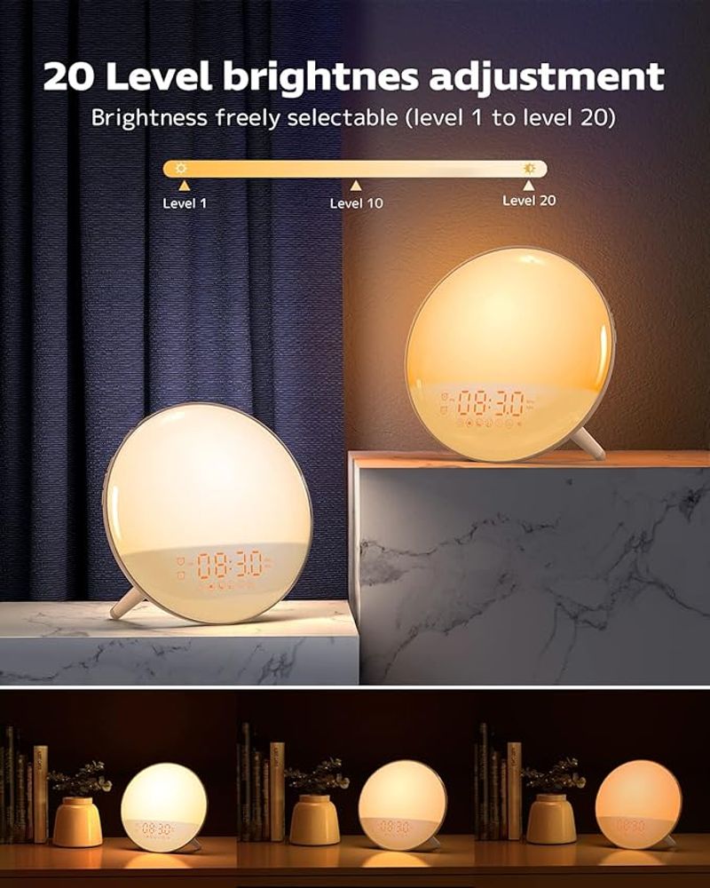 Smarter Sonnenaufgangswecker, Einschlafhilfe mit FM-Radio, Sonnenaufgangs-/Sonnenuntergangssimulation, mehreren Wecktönen, APP-Fernbedienung_voghion.com
