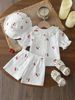 Completo da neonata composto da top con colletto stampato, pantaloncini e cappello – Completo in morbido poliestere, 3 pezzi (6 mesi-3 anni)_voghion.com